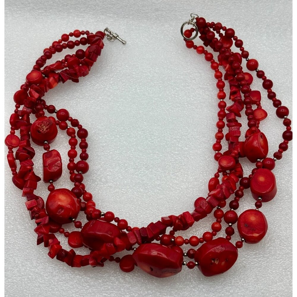 Vtg. Red Coral Necklace-925 Clasp 5 Strand Multi Shape and Size - Picture 3 of 6